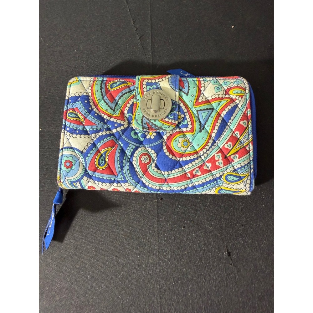 Vera Bradley Turnlock Wallet OS Blue Red Paisley Quilted Cotton Excellent Zip